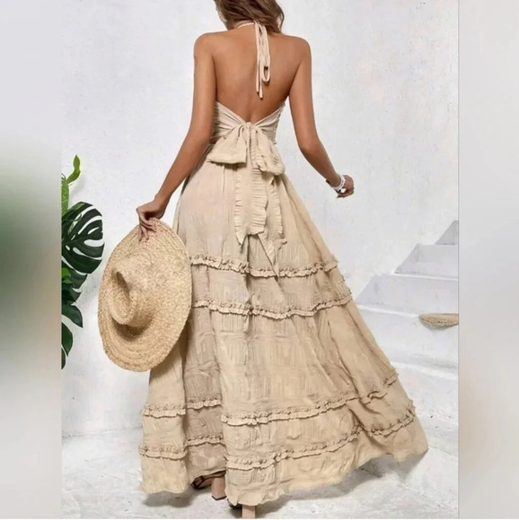 Private Label Dresses & Skirts - NEW Boho Tie Back Halter Ruffle Maxi Dress Beige Tan Nude